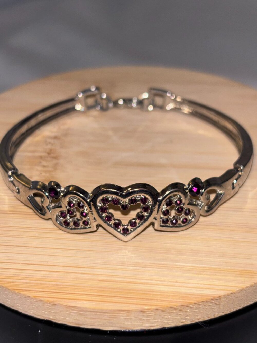 Silver Tone Purple Rhinestone Triple Heart Bracelet Hinged Bangle Romantic Goth